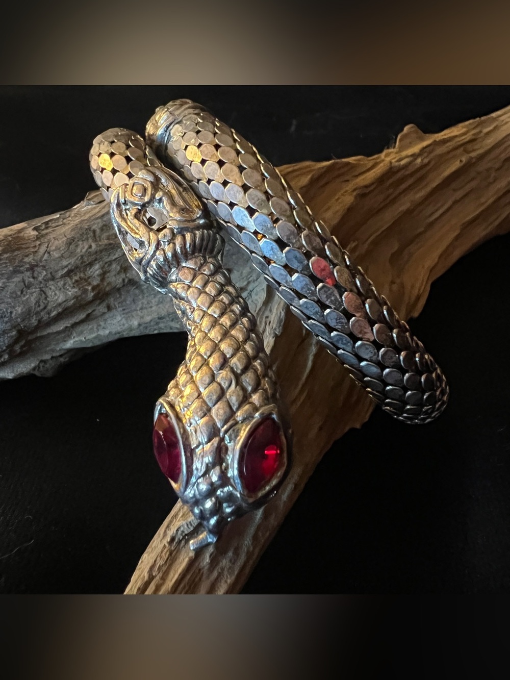 True Vintage Silver Mesh Serpent Snake Bracelet Bangle Wrap Red Crystal Eyes